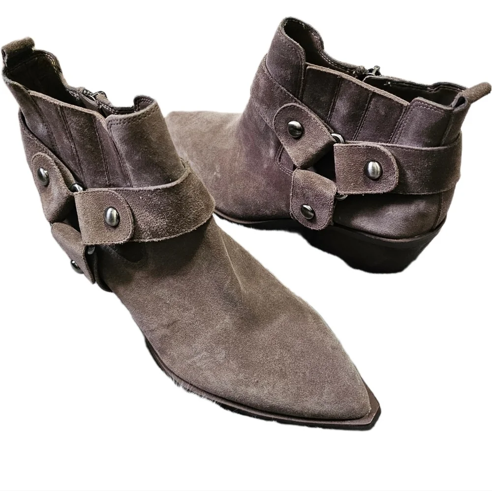 Vince Camuto suede moto boho western grey brown ankle boots cuban heel size 8.5